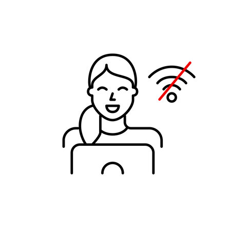 Woman at laptop and no wi-fi symbol. Disconnected offline work or study mode. Pixel perfect, editable stroke vector iconのイラスト素材