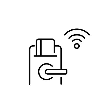 Hotel door with digital lock and key card and wi-fi symbol. Connected stay for work and relax. Pixel perfect, editable stroke vector iconのイラスト素材
