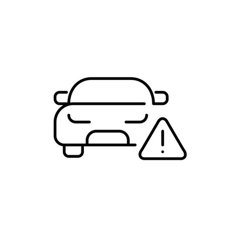 Car front view and exclamation mark on triangle. Road accident, safety warning. Pixel perfect, editable stroke vector iconのイラスト素材