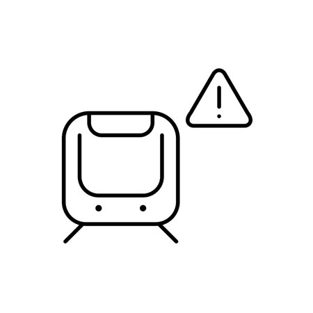 Subway train on rails and hazard alert symbol. Exclamation mark in triangle. Transit system safety warning, accident emergency notification. Passenger risks and security. Pixel perfect, editable stroke vector iconのイラスト素材