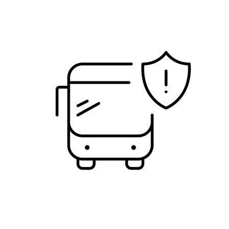 Public bus, shield and exclamation mark. Road and transport safety, danger notifications. Transit system security warning. Pixel perfect, editable stroke vector iconのイラスト素材