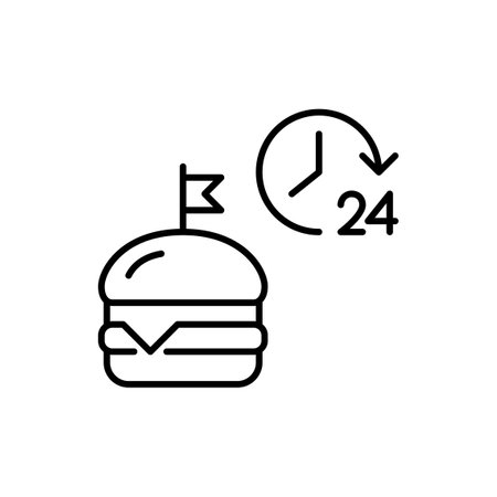 Cheeseburger and 24 hours symbol. Round the clock food delivery. Always available fast food chain. Pixel perfect, editable stroke vector iconのイラスト素材