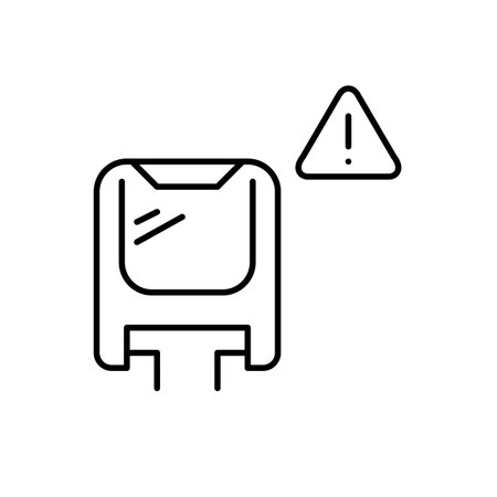 Monorail train and hazard alert symbol. Exclamation mark in triangle. Transit system safety warning, accident emergency notification. Passenger risks and security. Pixel perfect, editable stroke vector iconのイラスト素材