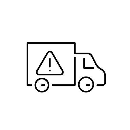 Delivery van and hazard alert with exclamation mark. Unstable conditions, critical delays notification. Pixel perfect, editable stroke vector iconのイラスト素材