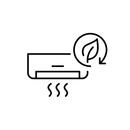 Air conditioning unit and leaf in renew arrow. Energy efficient cooling, eco-friendly power control. Clean and purified air. Pixel perfect, editable stroke vector iconのイラスト素材