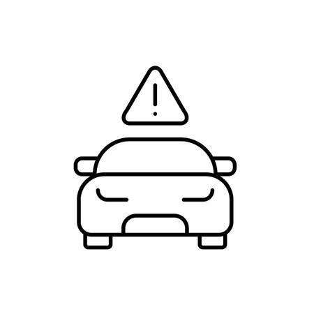 Car front view and exclamation mark in triangle. General vehicle warning, driving safety notice, traffic hazard warning. Pixel perfect, editable stroke vector iconのイラスト素材