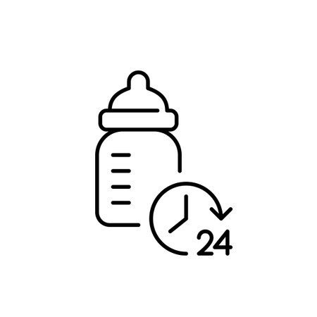 Baby bottle and 24 hours clock. Constant children care, feeding and support. Pixel perfect, editable stroke vector iconのイラスト素材