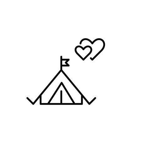 Camping tent and two hearts intertwined. Romantic hiking holiday getaway. Pixel perfect, editable stroke vector iconのイラスト素材