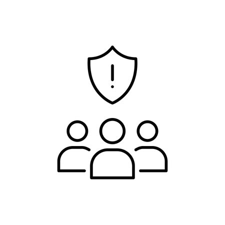 Group of users, security shield and exclamation mark. Community risk warning, emergency team safety alert. Pixel perfect, editable stroke vector iconのイラスト素材