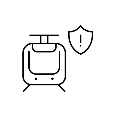 Tram, shield and exclamation mark. Road and transport safety, danger notifications. Transit system security warning. Pixel perfect, editable stroke vector iconのイラスト素材