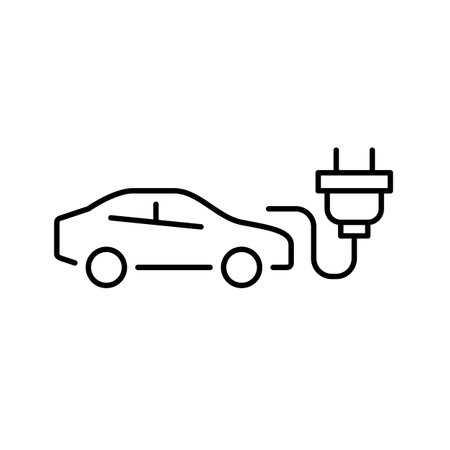 Car and electric plug. EV charger, power connection and hybrid cars for eco-friendly driving. Pixel perfect, editable stroke vector iconのイラスト素材