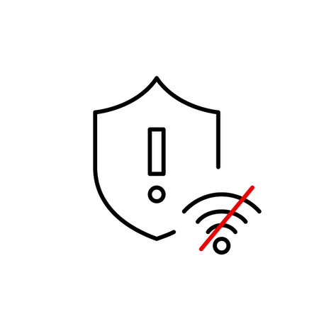 Shield, exclamation mark and no wi-fi symbol. Firewall disconnected, network security alert, offline safety. Pixel perfect, editable stroke vector iconのイラスト素材