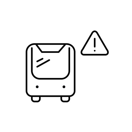 Bus and hazard alert symbol. Exclamation mark in triangle. Transit system safety warning, accident emergency notification. Passenger risks and security. Pixel perfect, editable stroke vector iconのイラスト素材