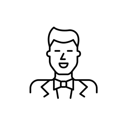 Smiling man wearing tuxedo and bow tie. Groom dressed for wedding or special social event attendance. Pixel perfect, editable stroke vector iconのイラスト素材