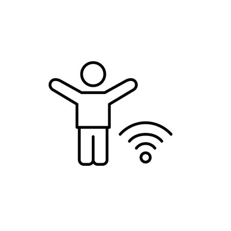 Stick figure man with arms raised up in happy gesture and wi-fi. Online connection, internet access. Pixel perfect, editable stroke vector iconのイラスト素材