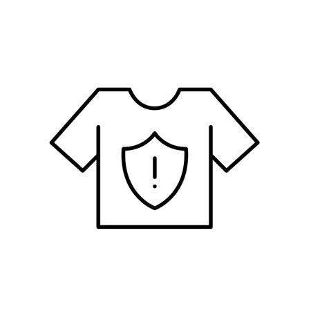 Tshirt, shield and exclamation mark. Flammable clothes warning. Hazardous laundry detergents. Pixel perfect, editable stroke vector iconのイラスト素材
