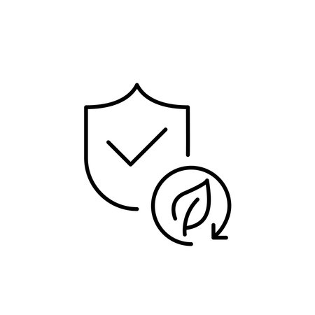Shield with a checkmark and leaf inside a recycling arrow. Products or services that are environmentally certified and adhere to sustainability standards. Pixel perfect, editable stroke vector iconのイラスト素材