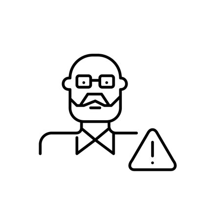 Elderly care alert. Critical issue or reminder related to senior care. Older man with glasses and beard and exclamation mark in triangle. Pixel perfect, editable stroke vector iconのイラスト素材