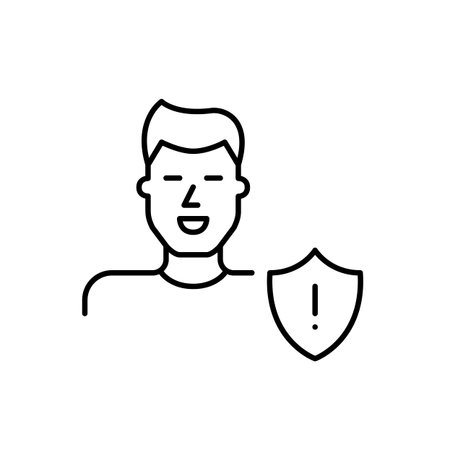 Male user, shield and exclamation mark. Privacy breach warning, system data alert. Pixel perfect, editable stroke vector iconのイラスト素材