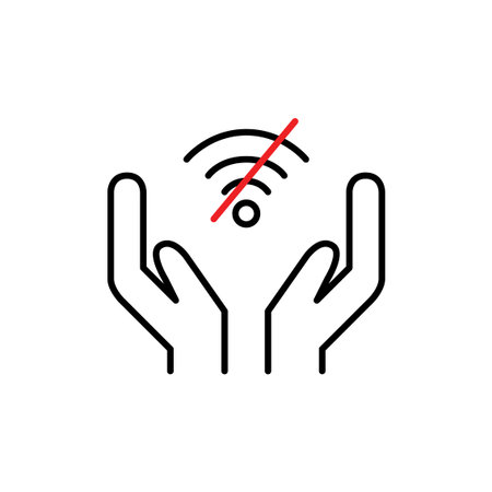 Hands and no wi-fi symbol. Limited connectivity, digital detox and going offline. Pixel perfect, editable stroke vector iconのイラスト素材