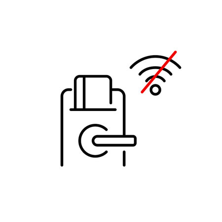 Digital lock with key card and no wi-fi symbol. Smart connection offline, digital detox no internet retreat. Pixel perfect, editable stroke vector iconのイラスト素材