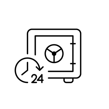Bank vault and 24 hours symbol. Round the clock financial safety, investment protection. Pixel perfect, editable stroke vector iconのイラスト素材