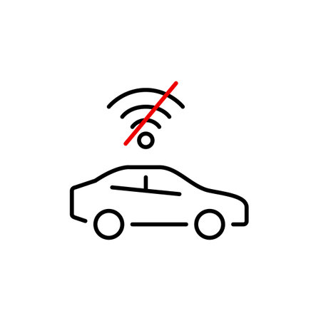 Car side view and no wifi symbol. Disconnected smart vehicle, no GPS navigation. Pixel perfect, editable stroke vector iconのイラスト素材