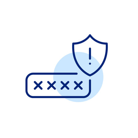Password or pin code and shield with exclamation mark. Security breach risk, sensitive information warning. Pixel perfect, editable stroke vector iconのイラスト素材