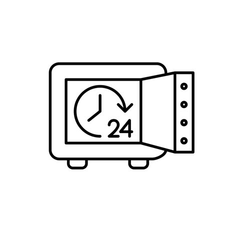 Money safe and 24 hours symbol. Round the clock constant assets security and financial protection. Pixel perfect, editable stroke vector iconのイラスト素材
