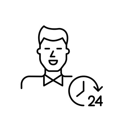 Professionally looking young man and 24 hours clock. Always on duty, 24 7 endless customer care support. Pixel perfect, editable stroke vector iconのイラスト素材