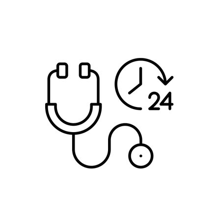 Stethoscope and 24 hours clock. Always available healthcare and medical insurance. Ambulance, telemedicine and constant care. Pixel perfect, editable stroke vector iconのイラスト素材