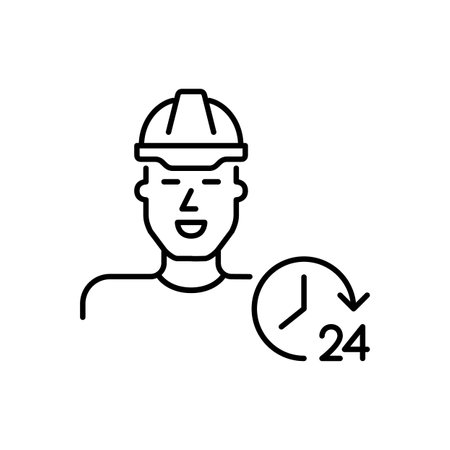 Man wearing hard hat and 24 hours clock. Construction safety, constant web development and engineering. Pixel perfect, editable stroke vector iconのイラスト素材