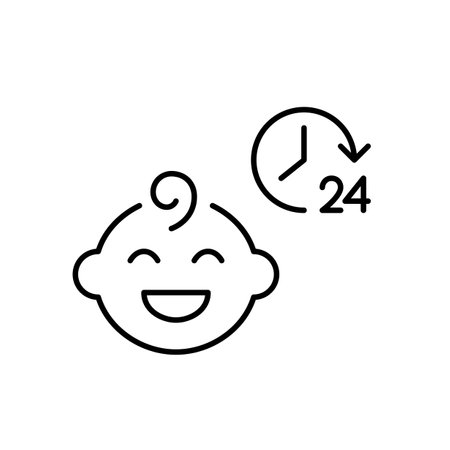 Smiling baby boy and 24 hours clock symbol. Constant infant care and support. Pixel perfect, editable stroke vector iconのイラスト素材