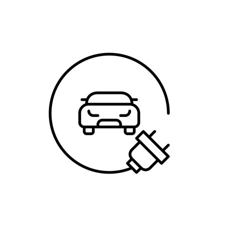 Car and electric plug. Locations for rapid EV charging. Battery status, high-performance cars. Pixel perfect, editable stroke vector iconのイラスト素材