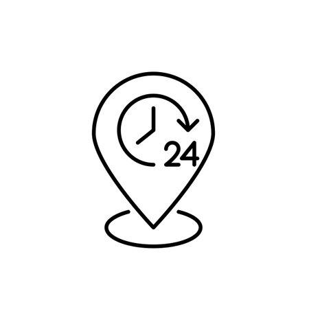 Map pointer. Location pin with 24 hour symbol. Always open services or businesses. Pixel perfect, editable stroke vector iconのイラスト素材