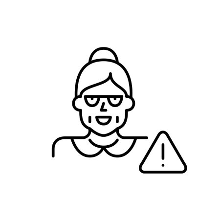 Senior hazard alert. Urgent health concern for elderly individuals. A grandma figure with a caution symbol. Pixel perfect, editable stroke vector iconのイラスト素材