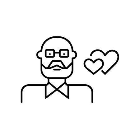 Dating app for seniors. Older man wearing glasses and beard and two hearts. Pixel perfect, editable stroke vector iconのイラスト素材