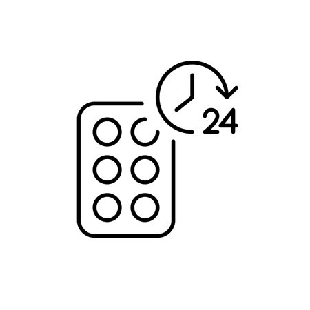 Constant pain relief, extended release medication. 24 hours pharmacy access. Blister of pills. Pixel perfect, editable stroke vector iconのイラスト素材