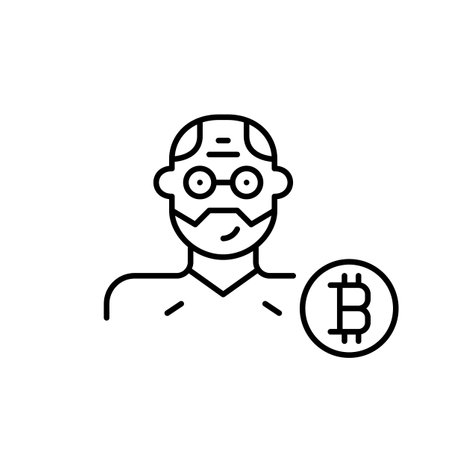 Middle aged man wearing glasses and beard and bitcoin symbol. Cryptocurrency users of ages. Pixel perfect, editable stroke vector iconのイラスト素材