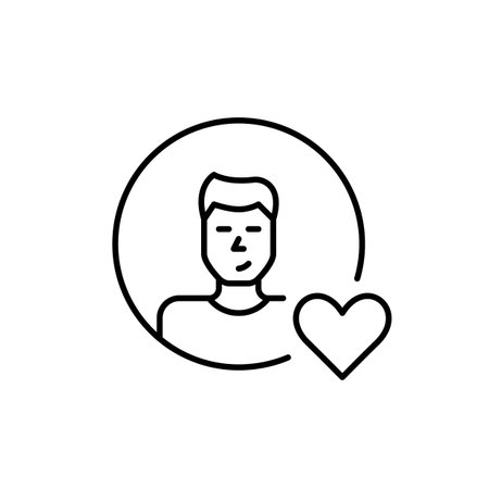 Man user avatar with heart. Social media or dating app profile. Customer loyalty program and user-friendly experience. Pixel perfect, editable stroke vector iconのイラスト素材