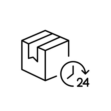 Parcel and 24 hours symbol. Round the clock postal services and delivery. Door to door order shipment. Pixel perfect, editable stroke vector iconのイラスト素材