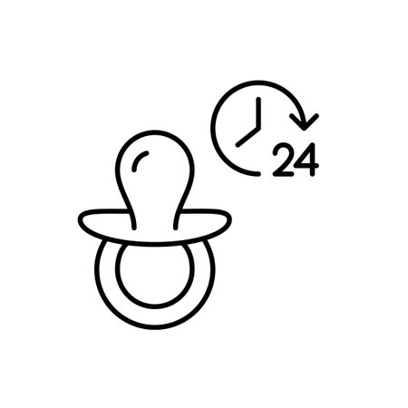 Baby pacifier and 24 hours symbol. Round the clock parental care and nursery. Pixel perfect, editable stroke vector iconのイラスト素材