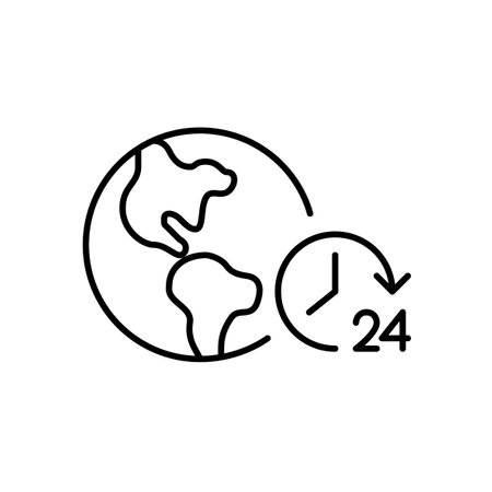 Earth and 24 hours clock symbol. Global networking, always online presence. Nonstop worldwide coverage. Pixel perfect, editable stroke vector iconのイラスト素材