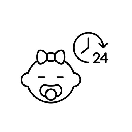 Baby girl with pacifier and 24 7 care symbol. Round the clock infant nursery and assistance. Pixel perfect, editable stroke vector iconのイラスト素材