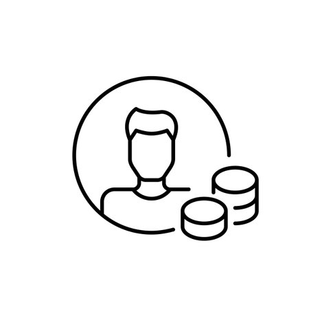 Man avatar with stacks of coins. Personal account balance. Pixel perfect, editable stroke vector iconのイラスト素材