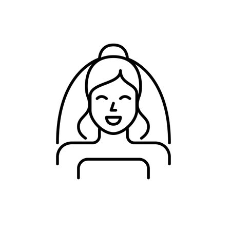 Smiling bride wearing veil. Wedding dressing gown, makeup and hairstyle. Pixel perfect, editable stroke vector iconのイラスト素材