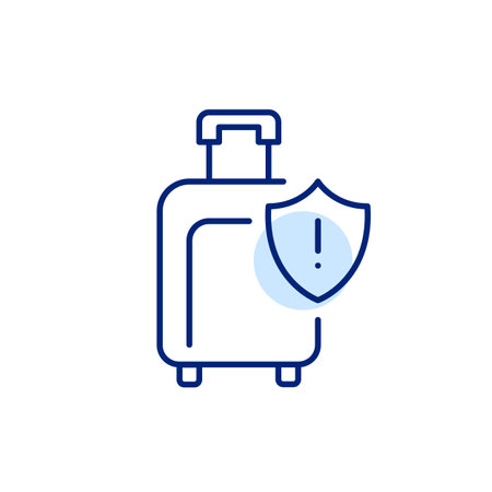 Luggage protection and theft insurance. Shield, exclamation mark and airplane wheeler bag. Pixel perfect, editable stroke vector iconのイラスト素材