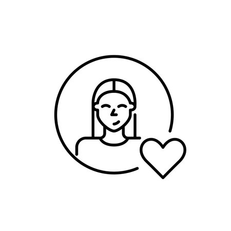 Woman user avatar with heart. Social media or dating app profile. Customer loyalty program and user-friendly experience. Pixel perfect, editable stroke vector iconのイラスト素材