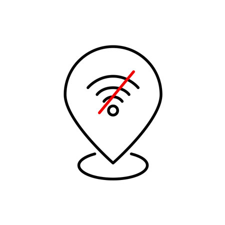 Map pointer with no wi-fi symbol. Digital detox place, disconnected offline location. Pixel perfect, editable stroke vector iconのイラスト素材