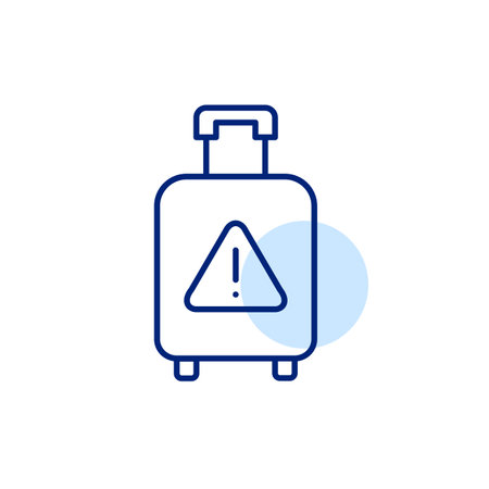Wheeler suitcase and danger alert exclamation symbol. Dangerous goods prohibited to carry on flights. Pixel perfect, editable stroke vector iconのイラスト素材